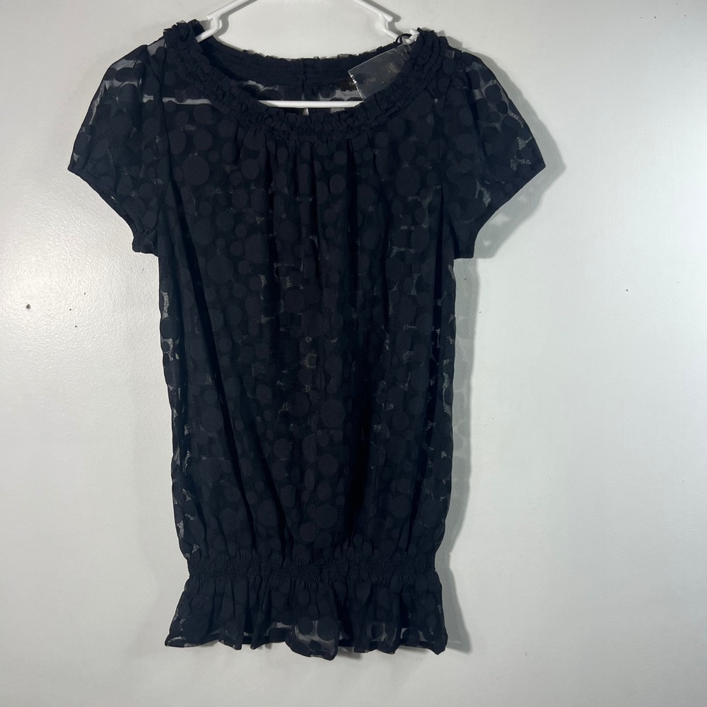 Womens The Limited Sheer Polka Dot Cap Sleeve Blouse Cinched Bottom‎ Black S NWT